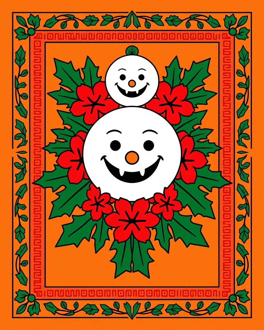 Whimsical Snowman Floral Holly Border Rug