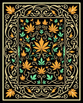 Golden Orange Leaf Scrollwork Black Rug