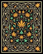 Golden Orange Leaf Scrollwork Black Rug