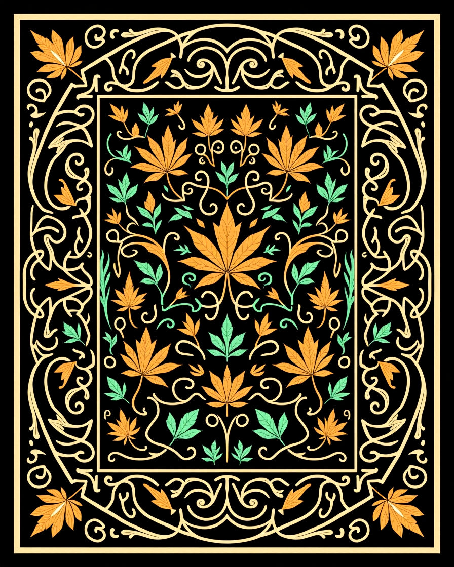 Golden Orange Leaf Scrollwork Black Rug