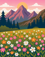 Vibrant Floral Meadow Mountain Sunset Rug