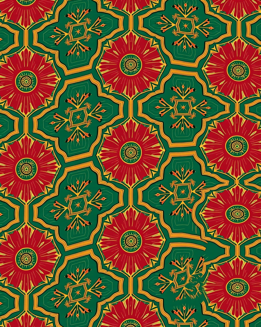 Red Green Golden Floral Geometric Rug