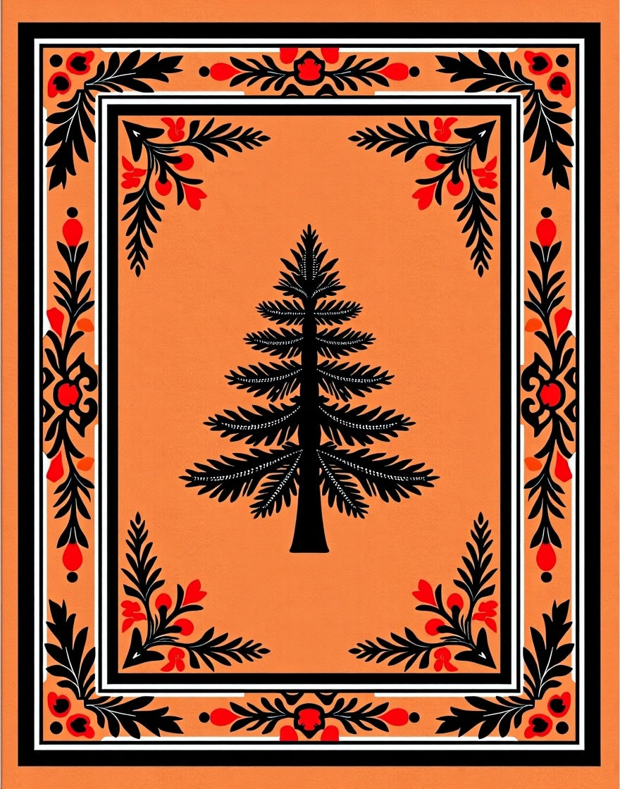 Bold Black Tree Red Floral Border Rug