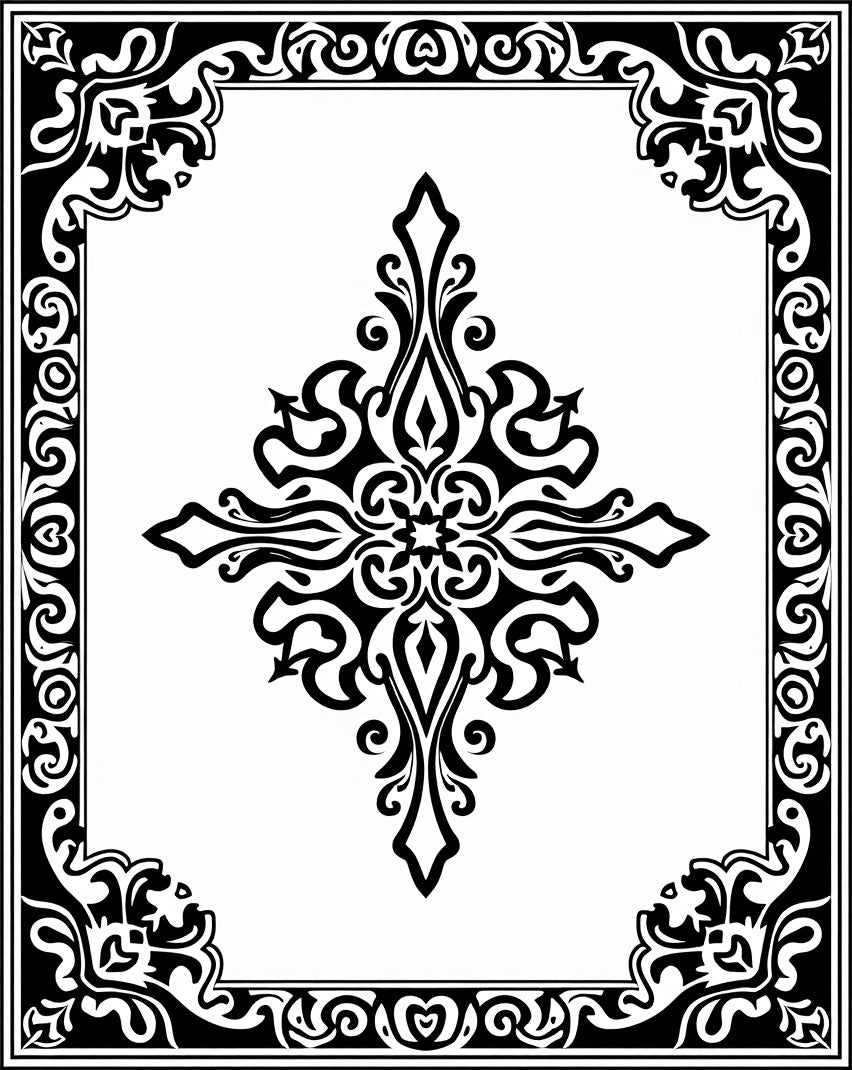 Black Ornate Symmetry Scrollwork Rug