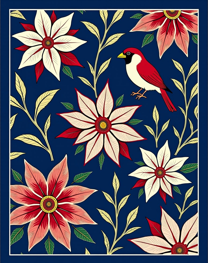 Red Bird Floral Garden Navy Rug