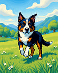 Happy Black Tri Dog Running Green Field Rug