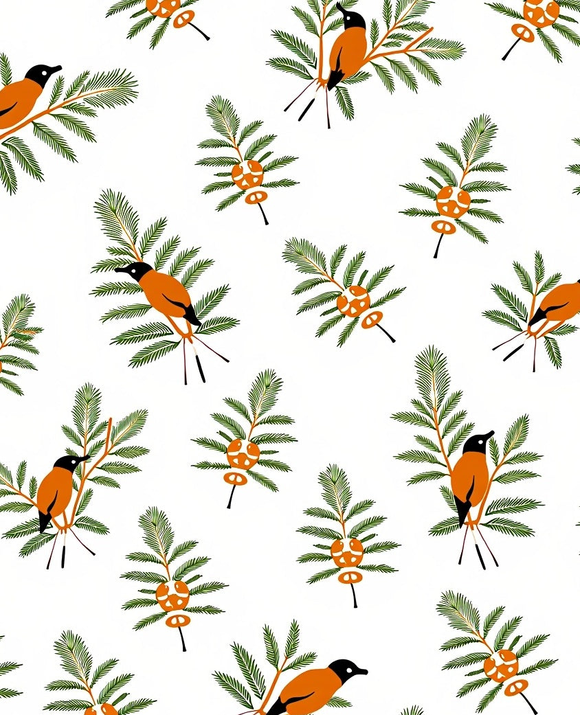 Whimsical Orange Bird Evergreen Sprig Rug