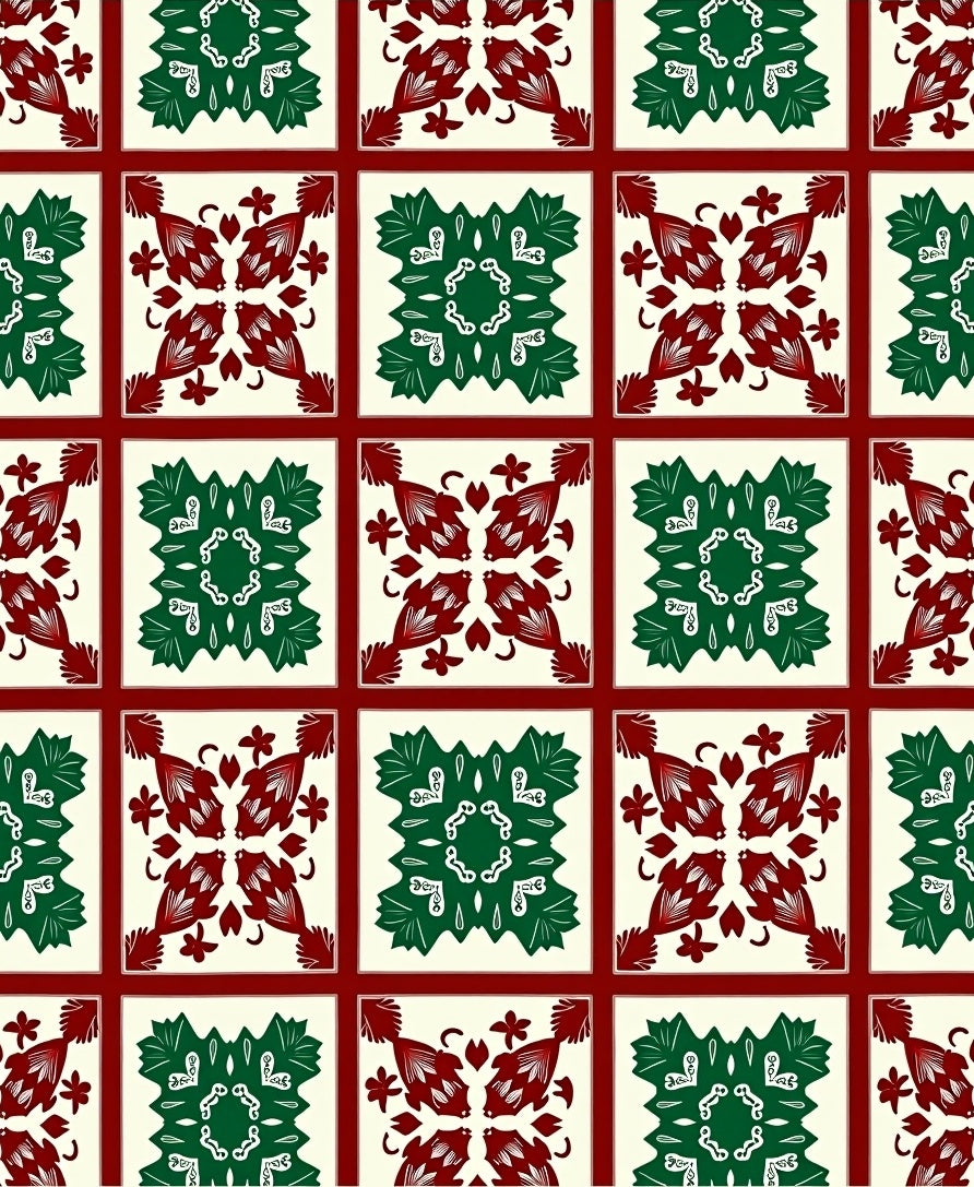 Crimson Green Floral Squares Rug