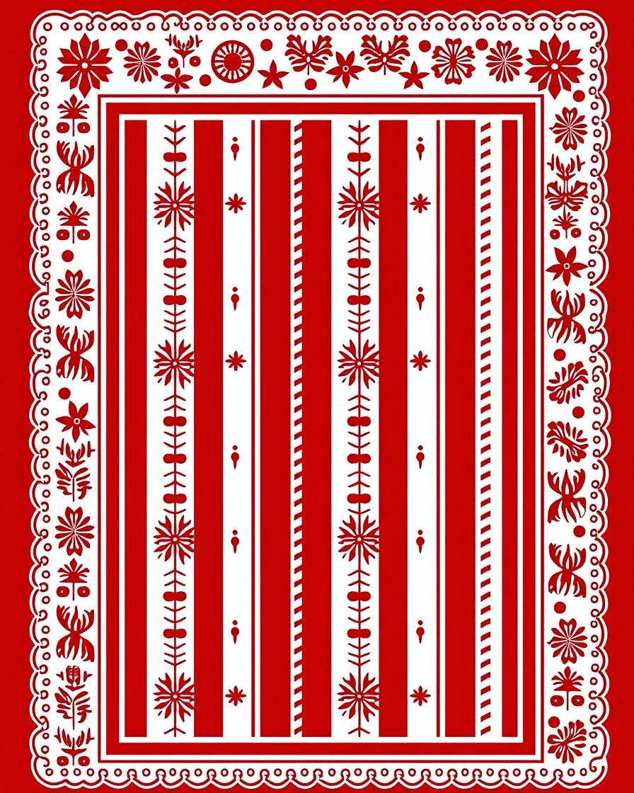 Bold Red Folk Art Floral Stripe Rug