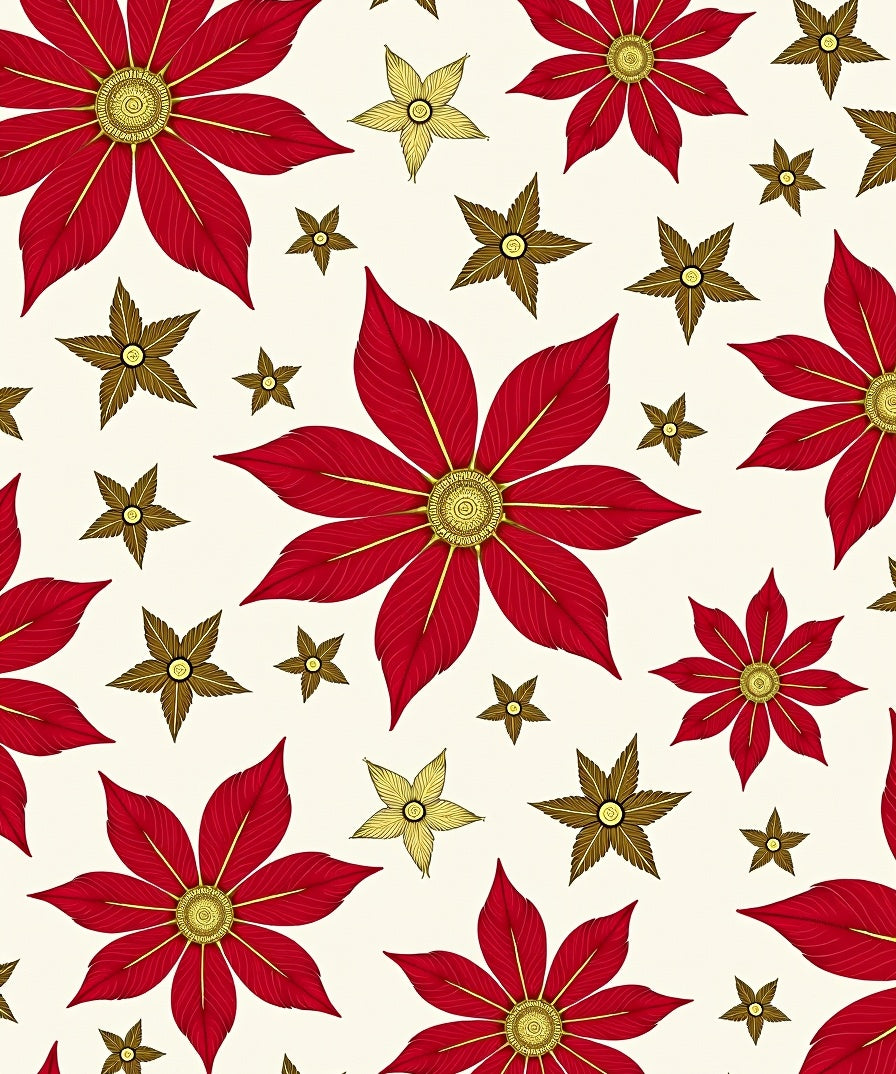 Rich Red Golden Starburst Floral Rug