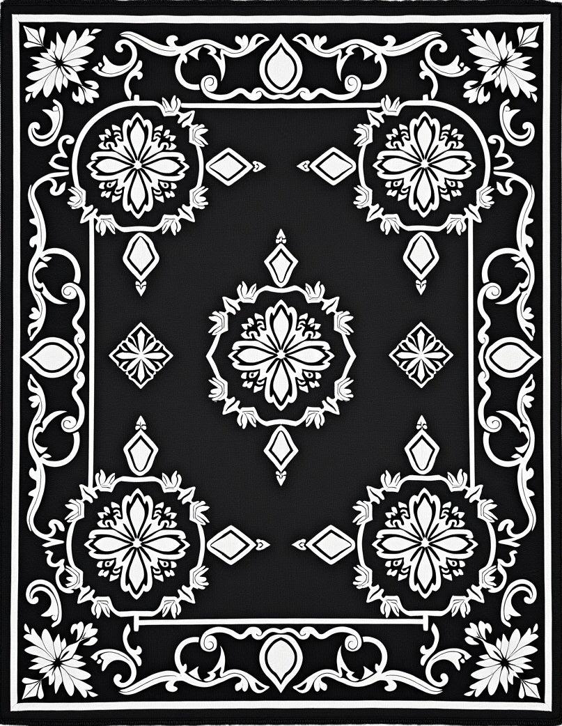 Black and White Floral Medallion Rug