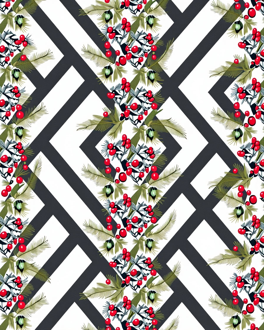 Crimson Berry Branches Geometric Lattice Rug