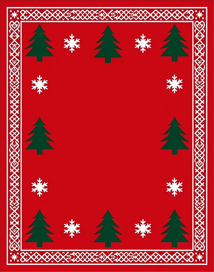 Festive Red Christmas Tree Snowflake Border Rug
