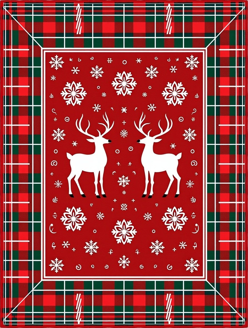 Red Plaid Reindeer Snowflake Collage Rug