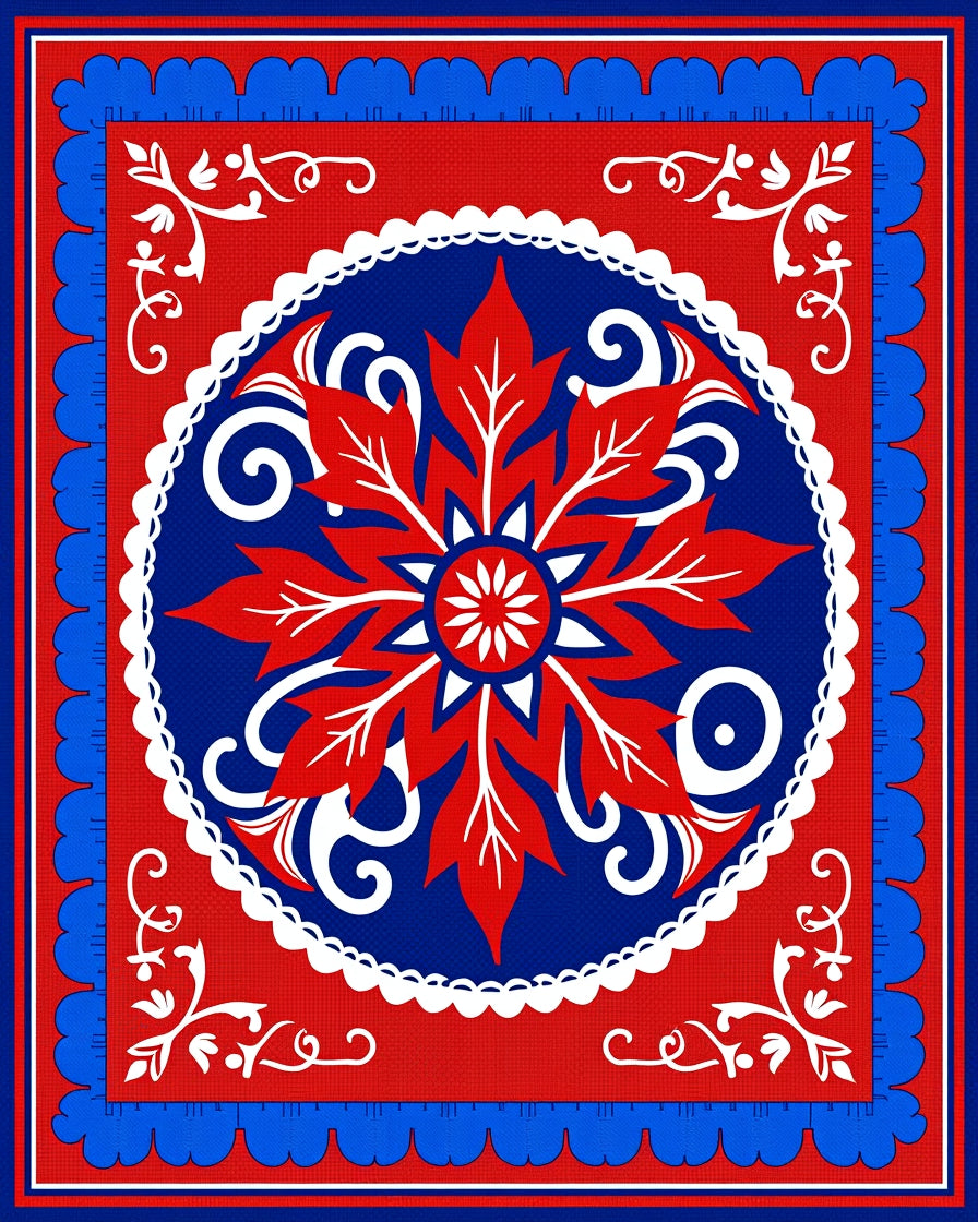 Red Blue Floral Round Mandalas Rug