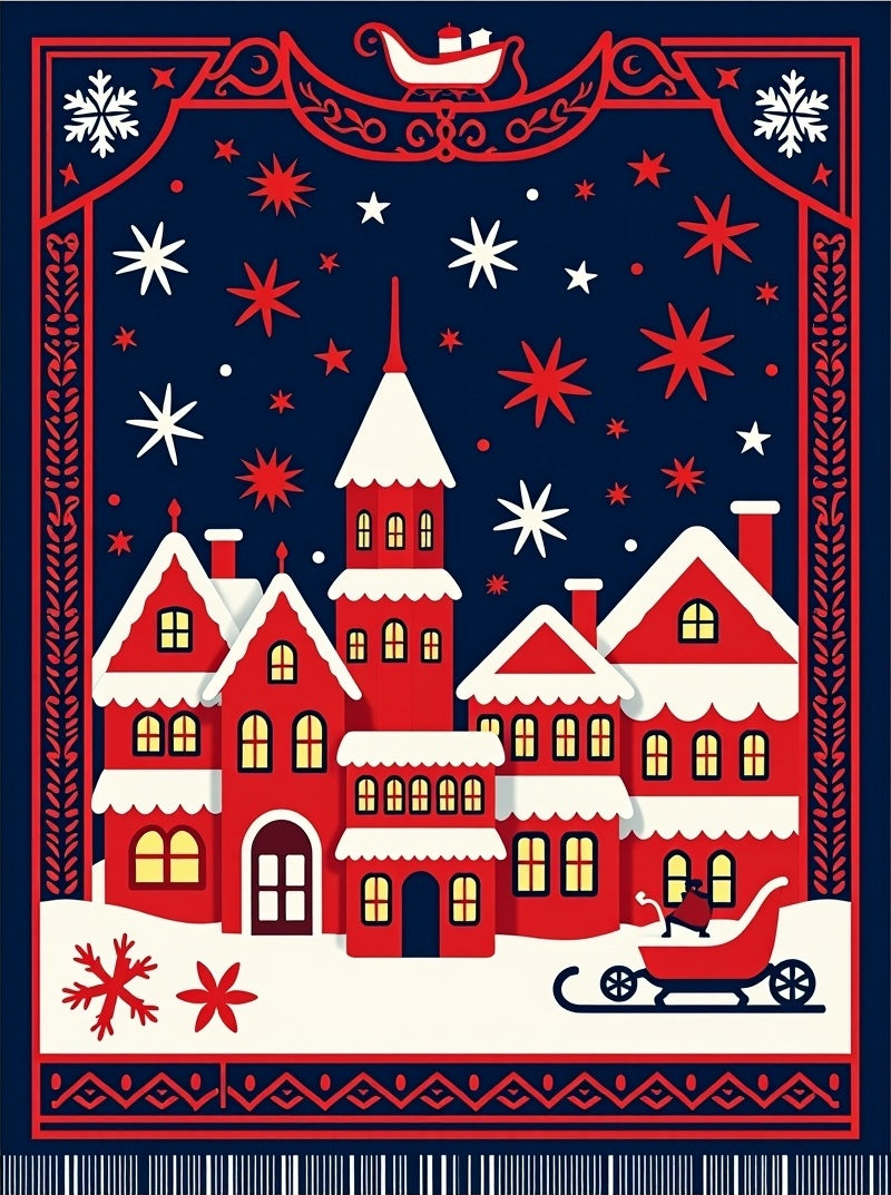 Winter Village Red Snowflakes Scene Rug