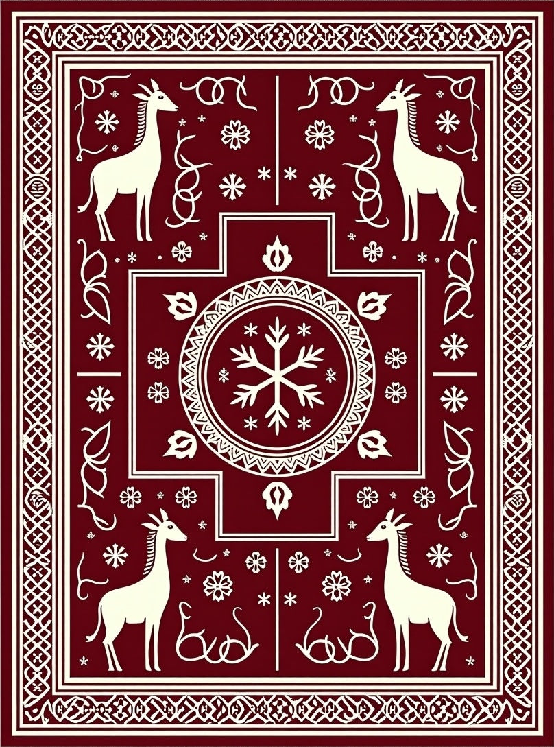 Crimson White Giraffe Snowflake Border Rug