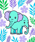 Aqua Elephant Among Purple Green Leaves Rug