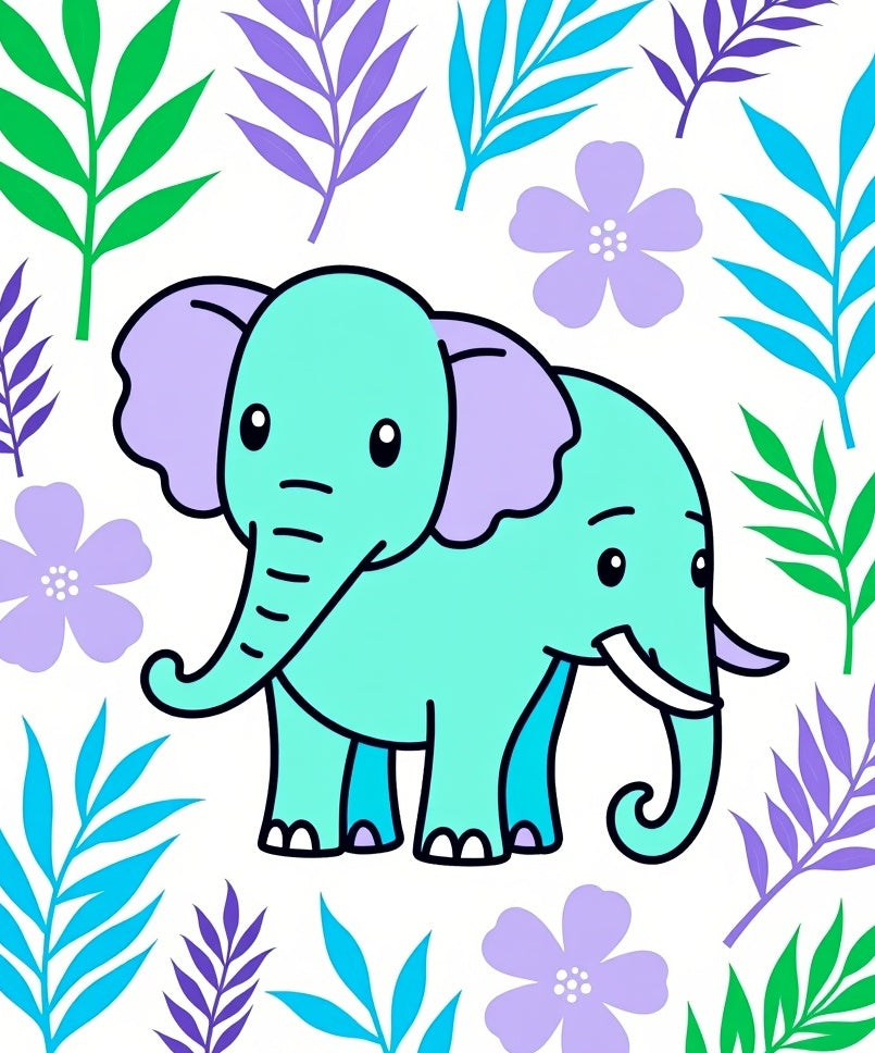 Aqua Elephant Among Purple Green Leaves Rug