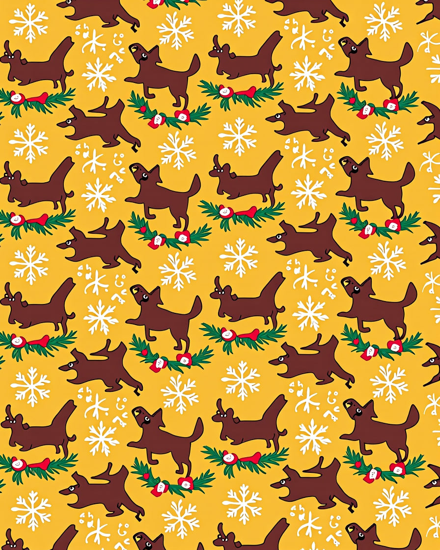 Brown Dogs with Snowflakes Garland Yellow Rug