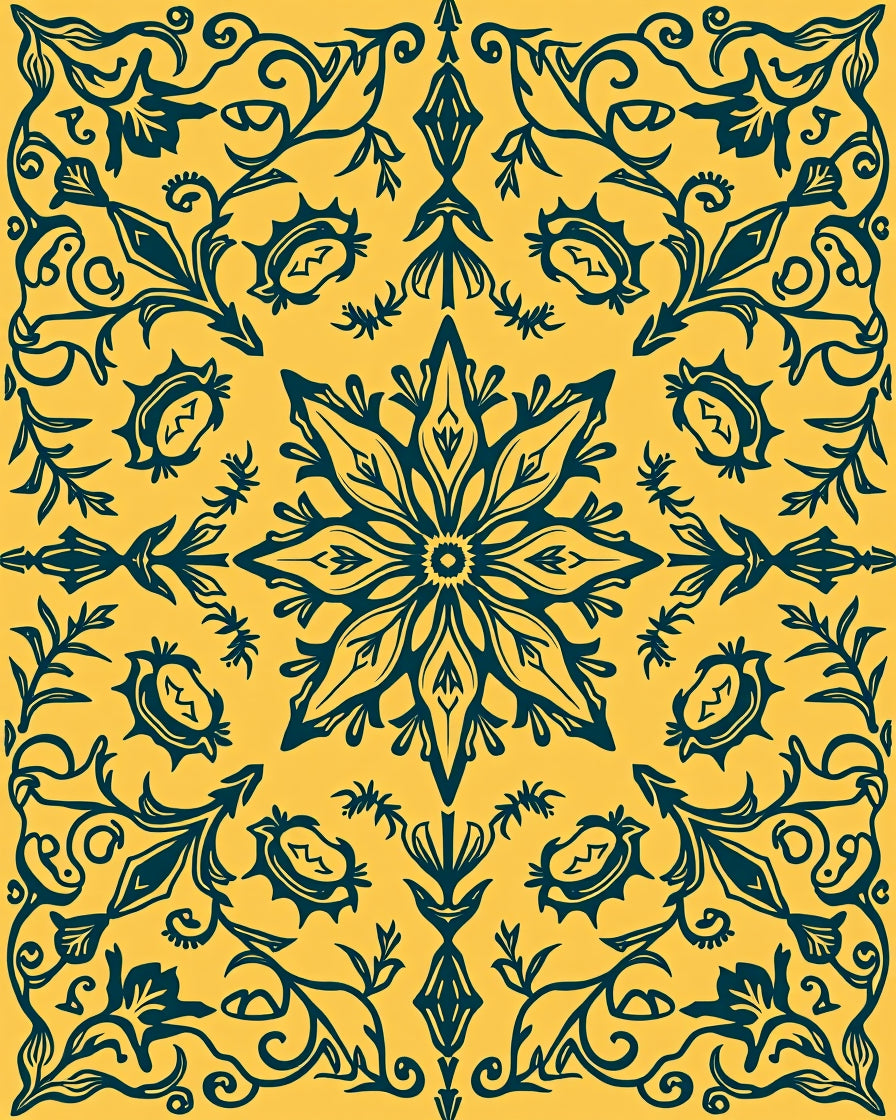 Royal Blue Floral Medallion on Yellow Rug