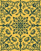 Royal Blue Floral Medallion on Yellow Rug