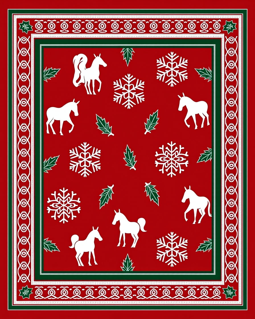 Red White Snowflake Horse Border Rug