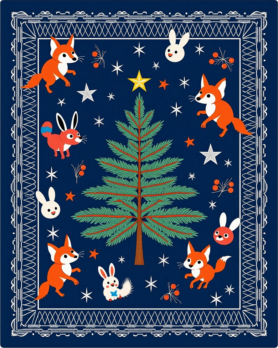 Whimsical Woodland Fox and Bunny Holiday Rug
