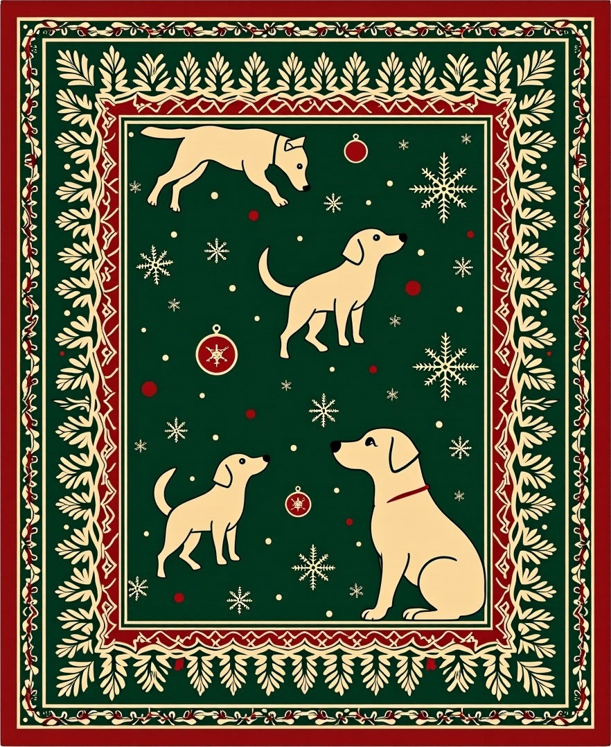 Festive Golden Dogs Snowflake Garland Rug