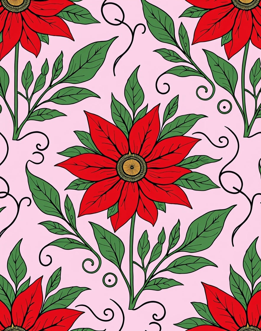 Vibrant Red Floral Vines Pink Rug