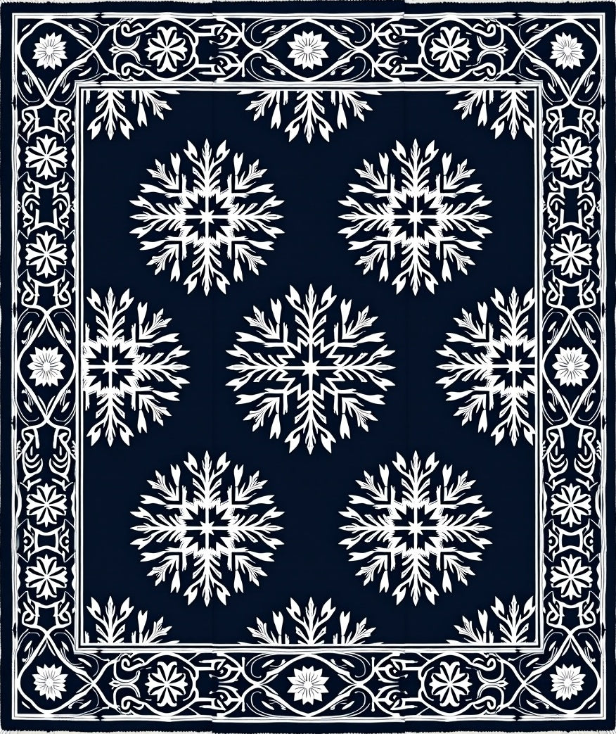 Navy White Starburst Mandala Border Rug