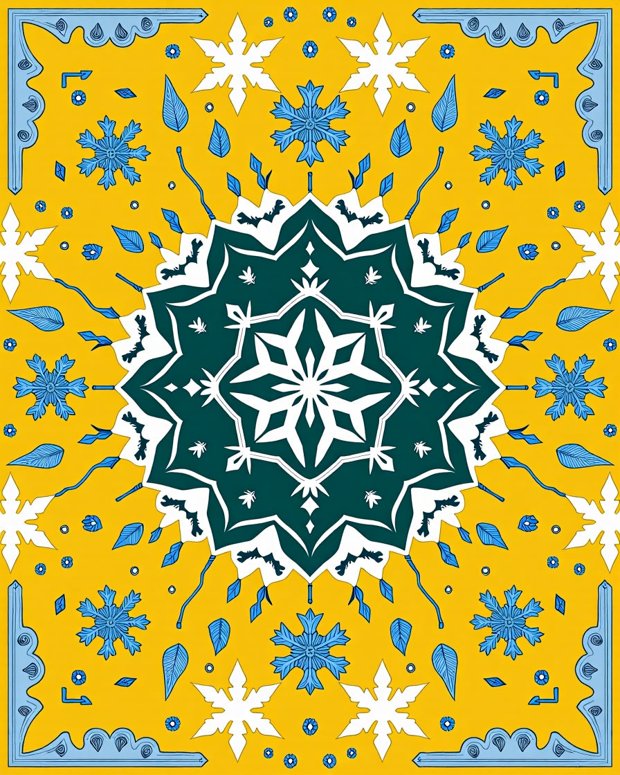 Yellow Teal Starburst Snowflake Medallion Rug