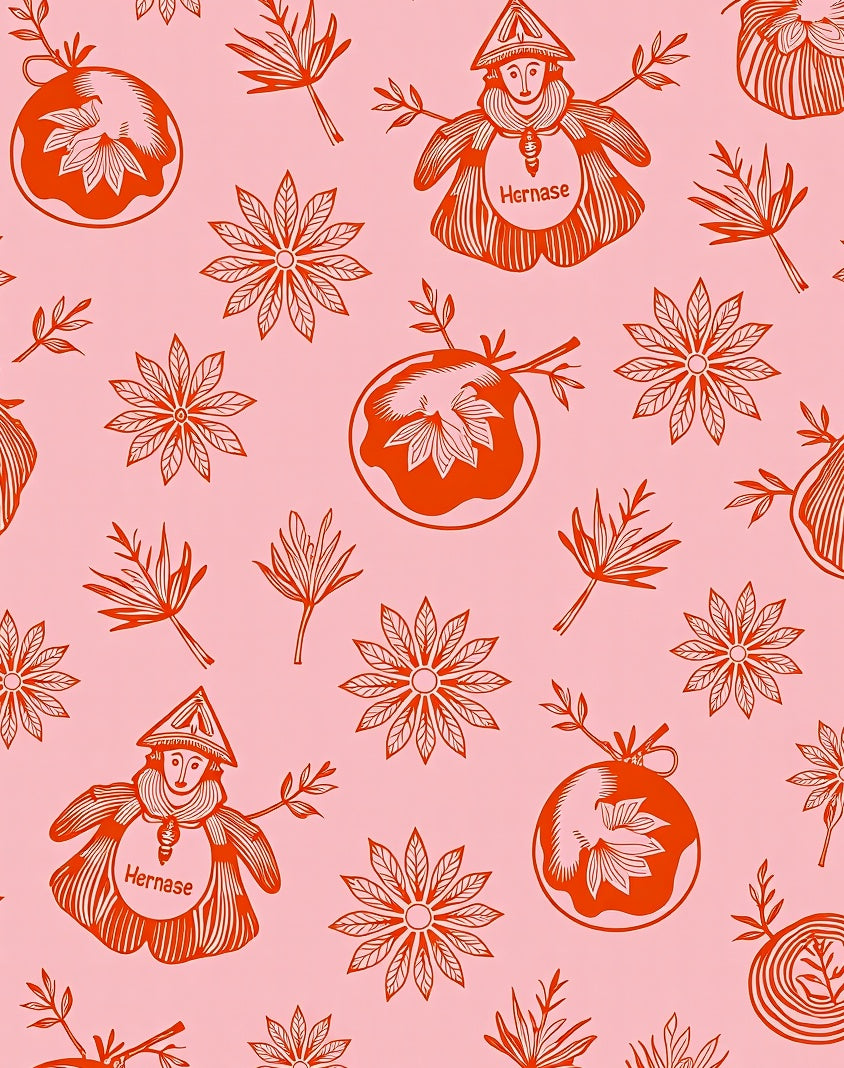 Red Floral Figures Pink Background Rug