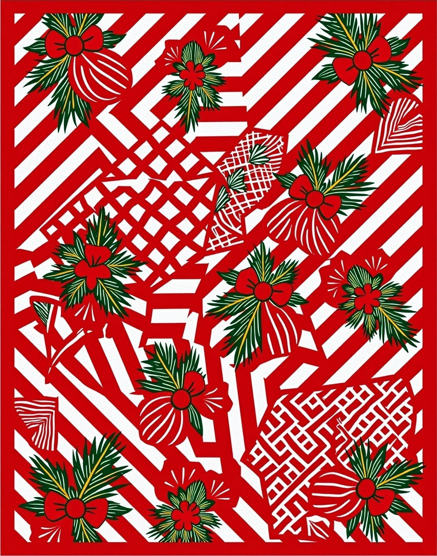 Red White Striped Festive Floral Collage Rug