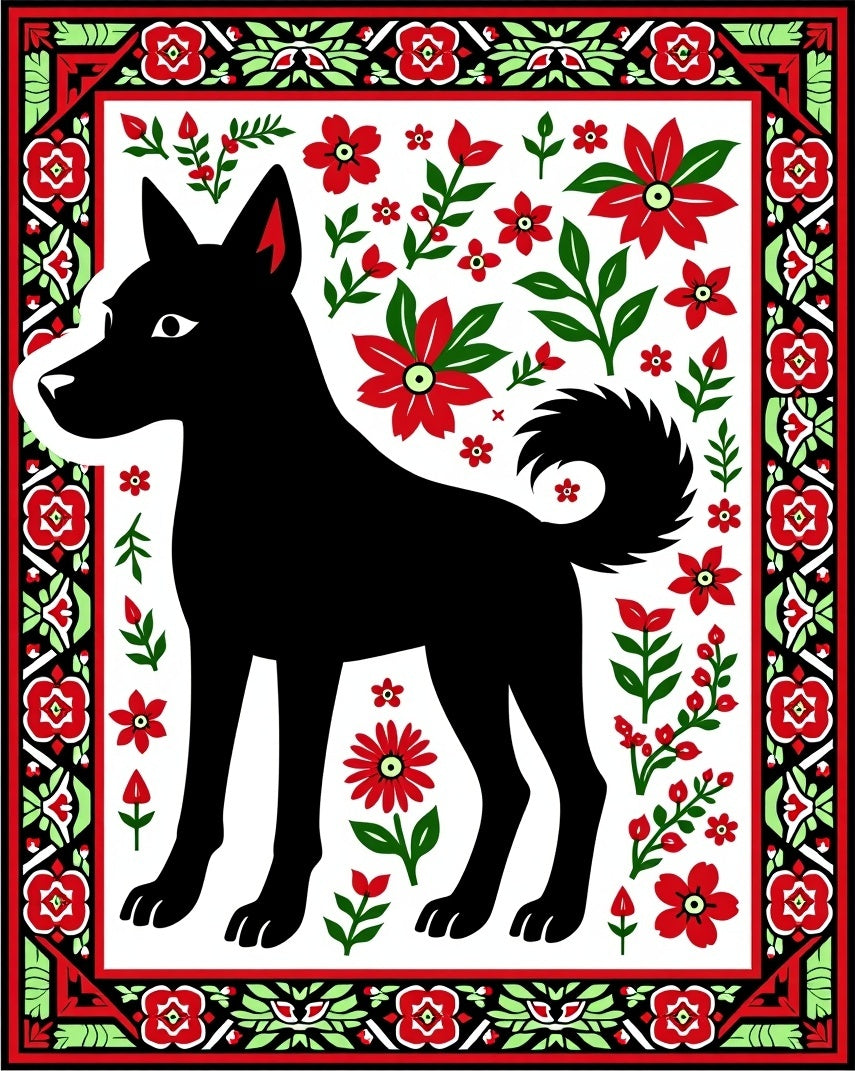 Black Dog Floral Border Accent Rug