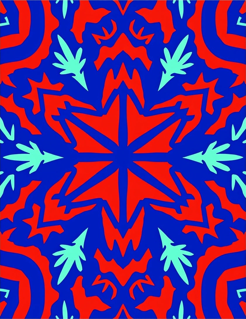 Bold Red Blue Starburst Foliage Rug