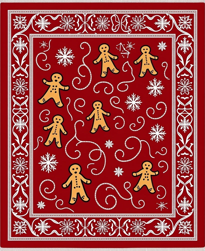 Festive Red Gingerbread Snowflake Border Rug