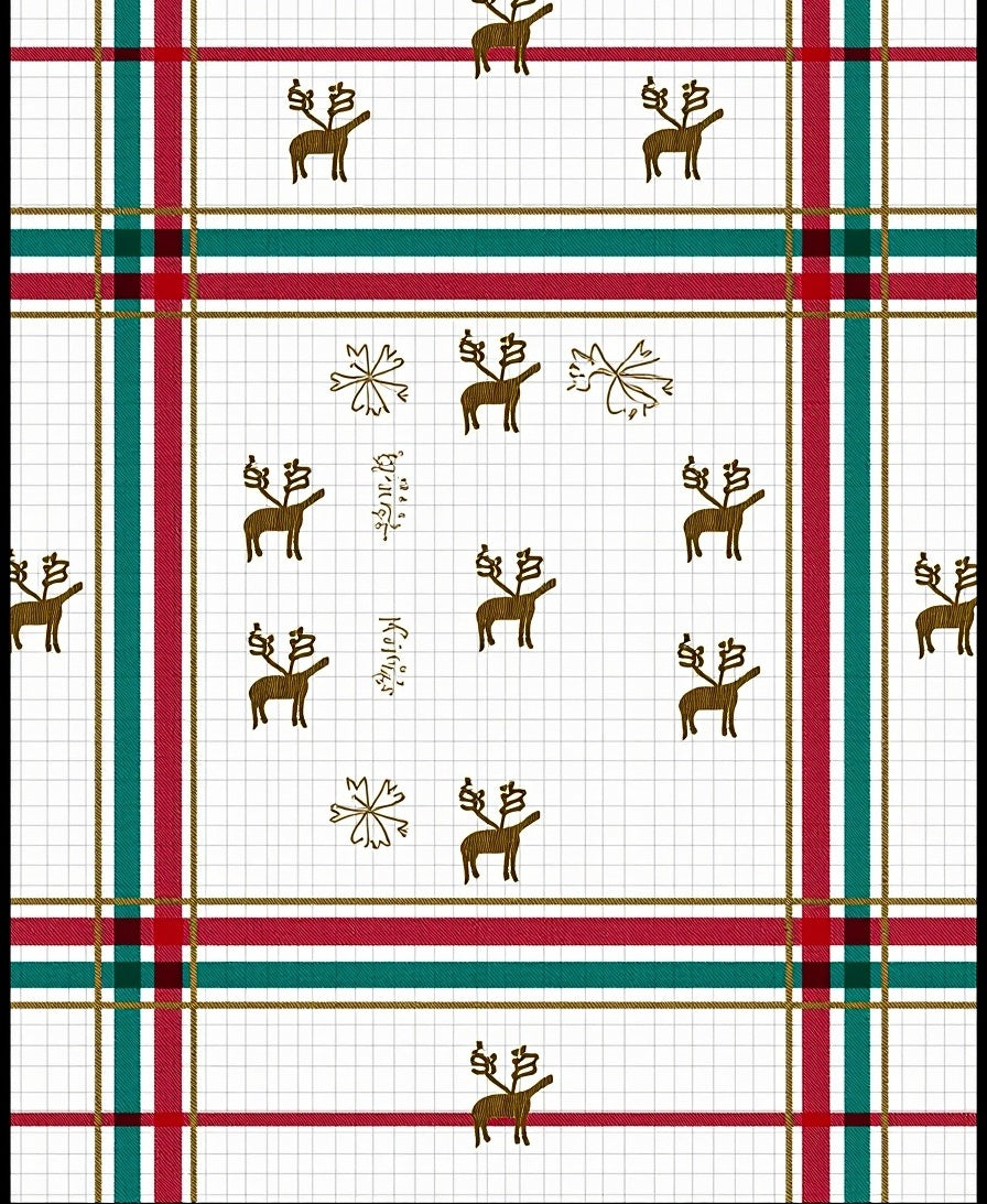 Red Green Gold Plaid Reindeer Collage Rug