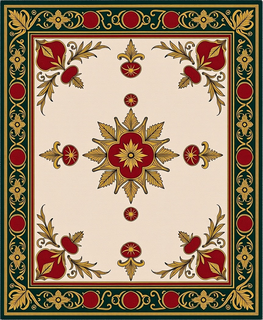 Crimson Gold Leaf Floral Centerpiece Rug