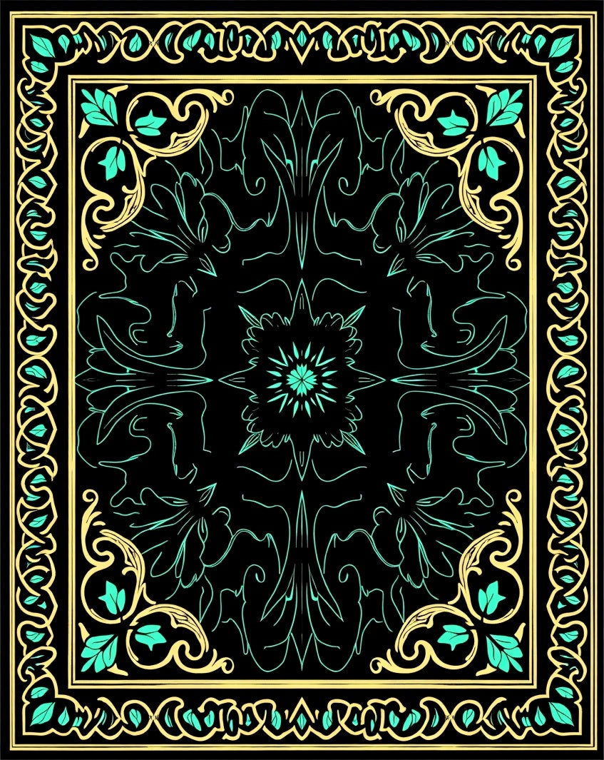 Black Teal Golden Ornate Floral Rug