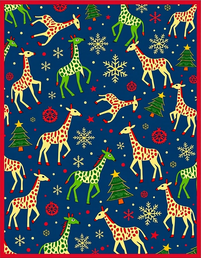 Festive Giraffe and Snowflake Holiday Rug