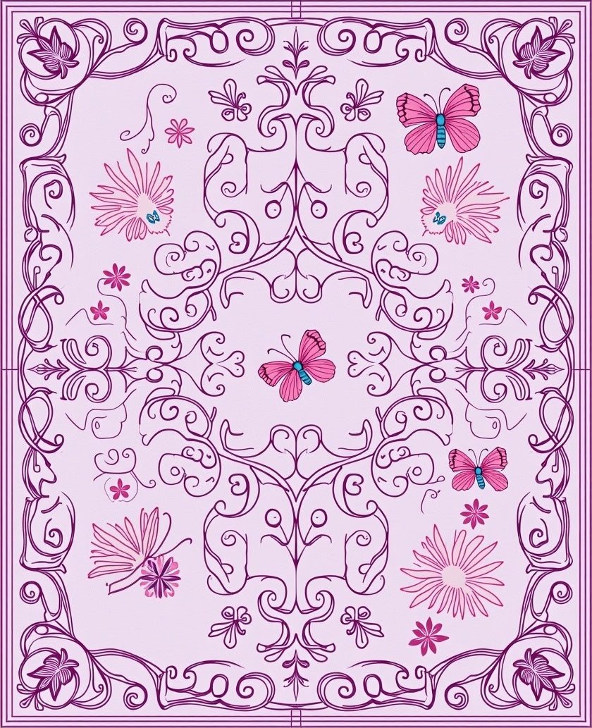 Vibrant Pink Butterfly Floral Swirls Rug