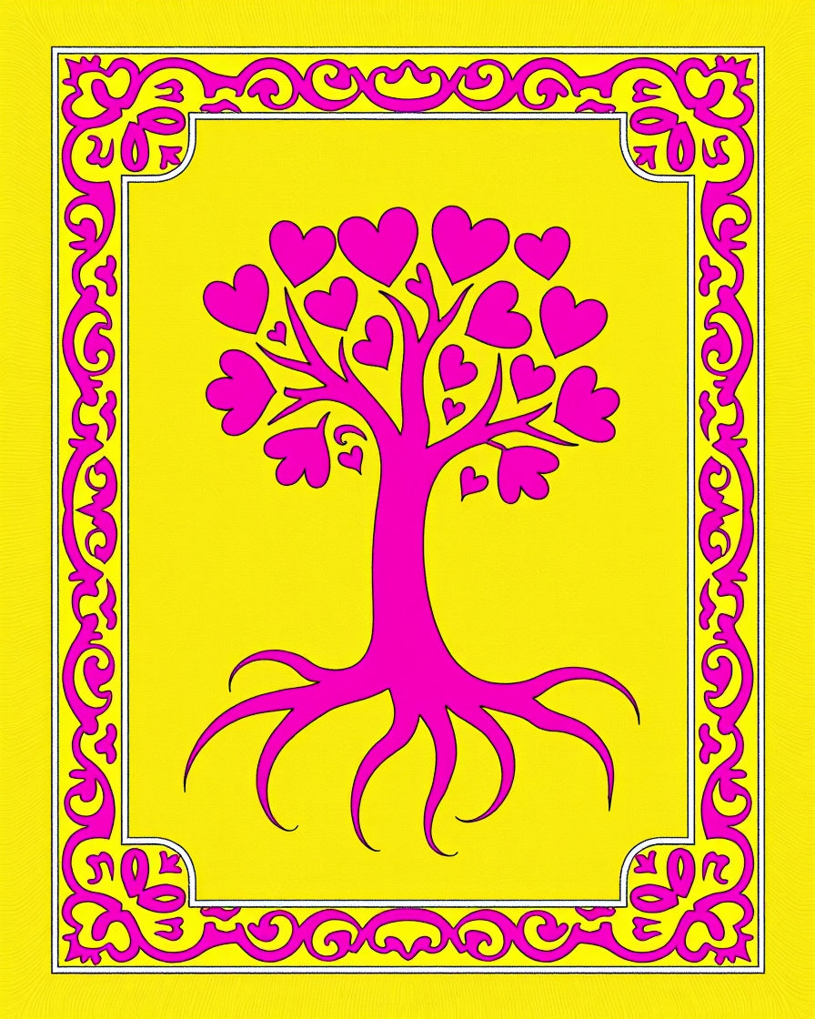 Vibrant Pink Heart Tree Yellow Border Rug