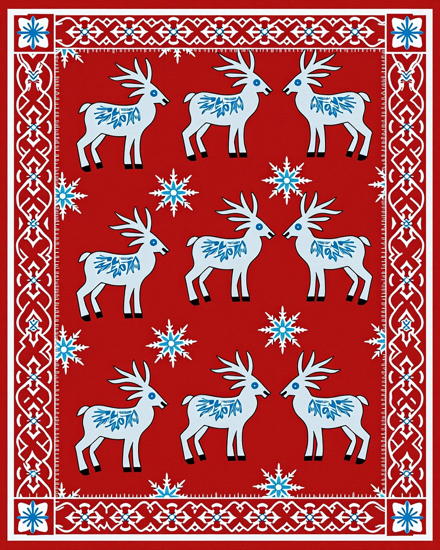 Red White Blue Reindeer Snowflake Border Rug