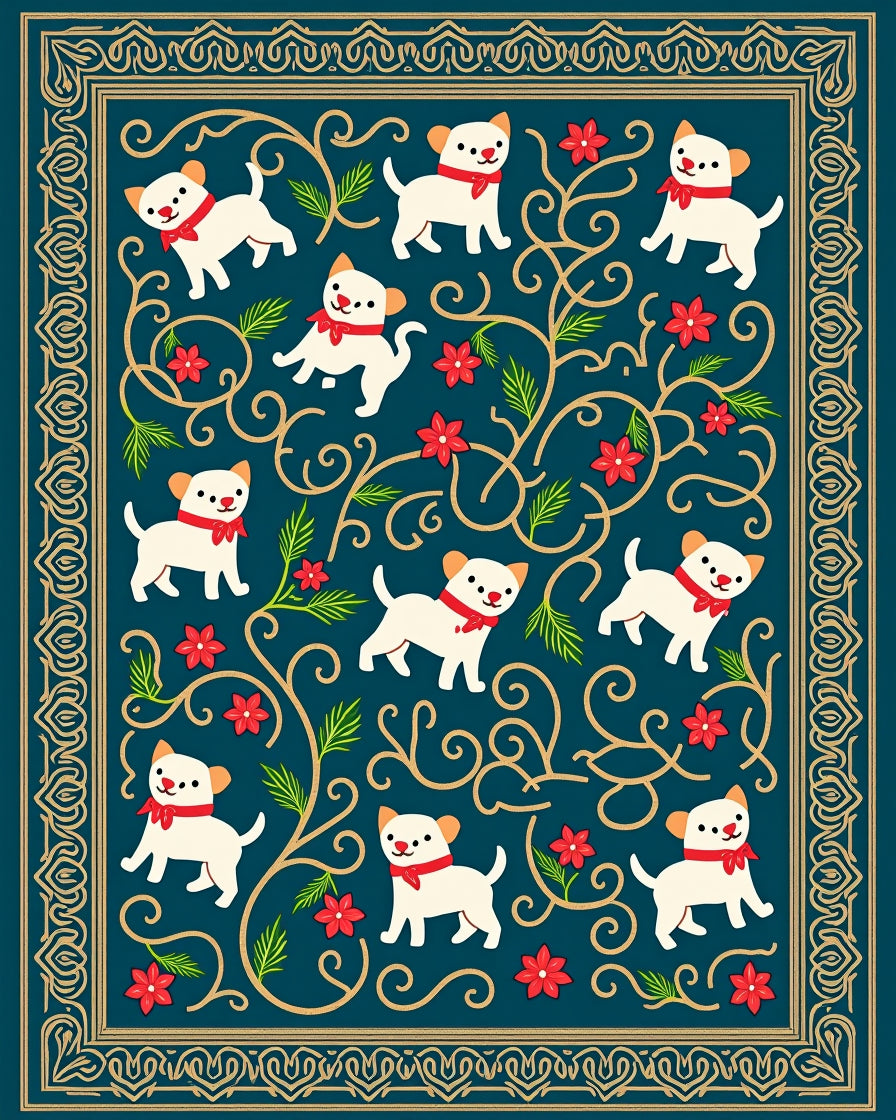 Whimsical White Puppies Red Flowers Trail Rug