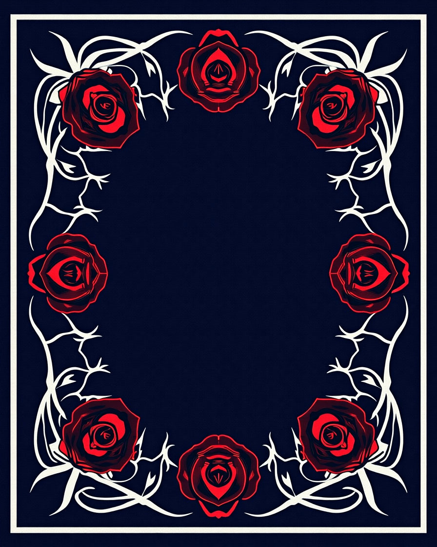 Deep Indigo Red Rose Vine Frame Rug