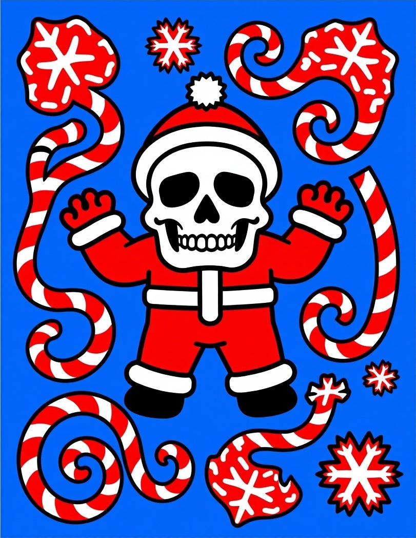 Festive Skull Santa Candy Cane Snowflakes Rug