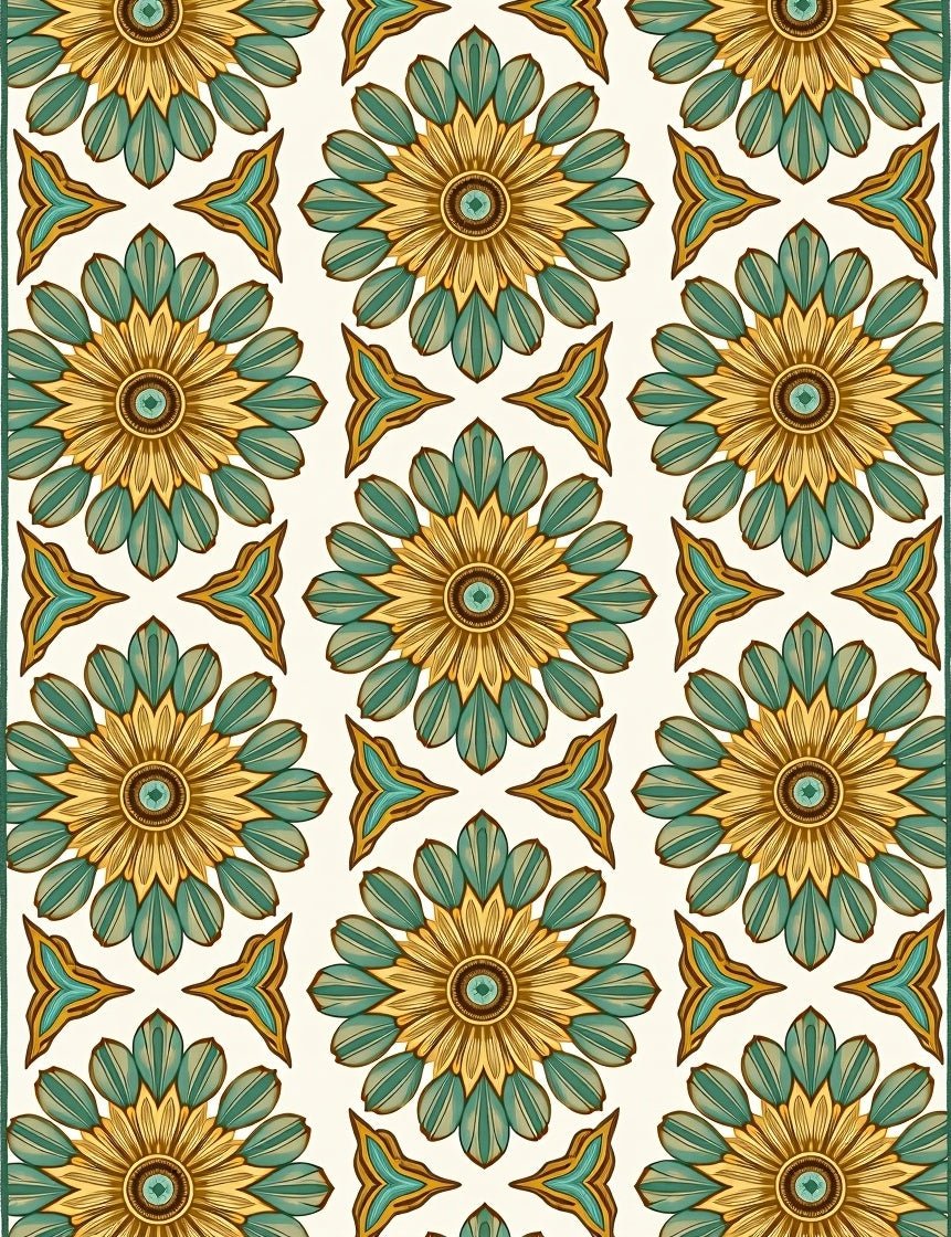 Golden Teal Floral Medallion Rug