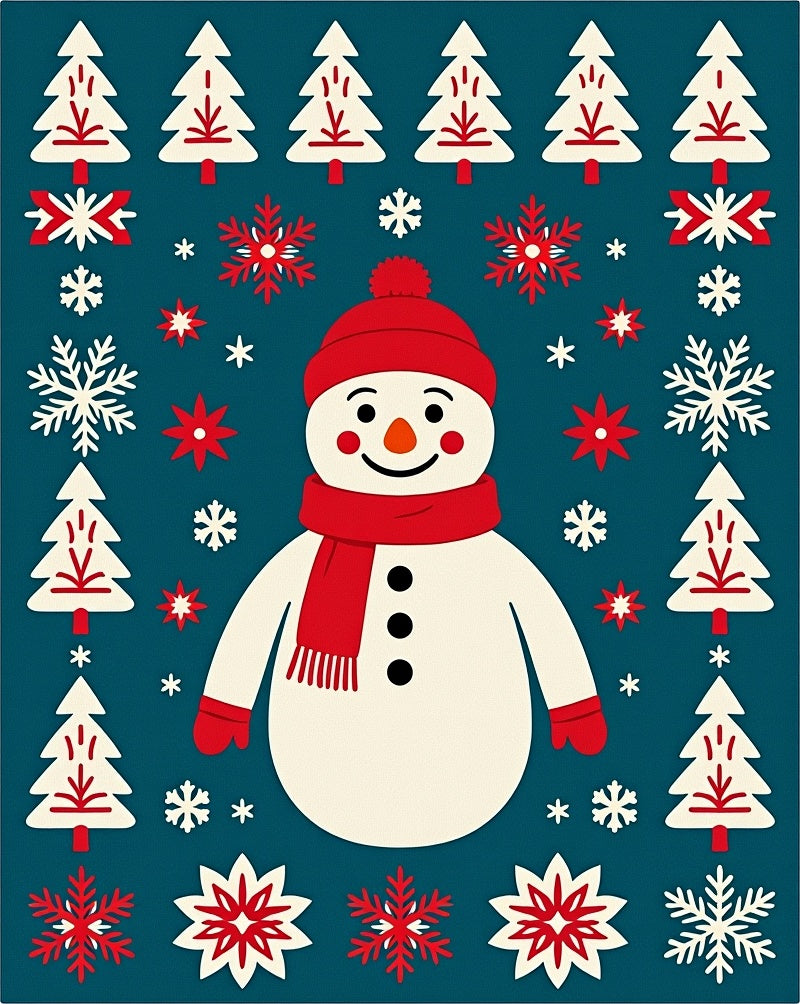Festive Snowman Christmas Tree Snowflakes Rug