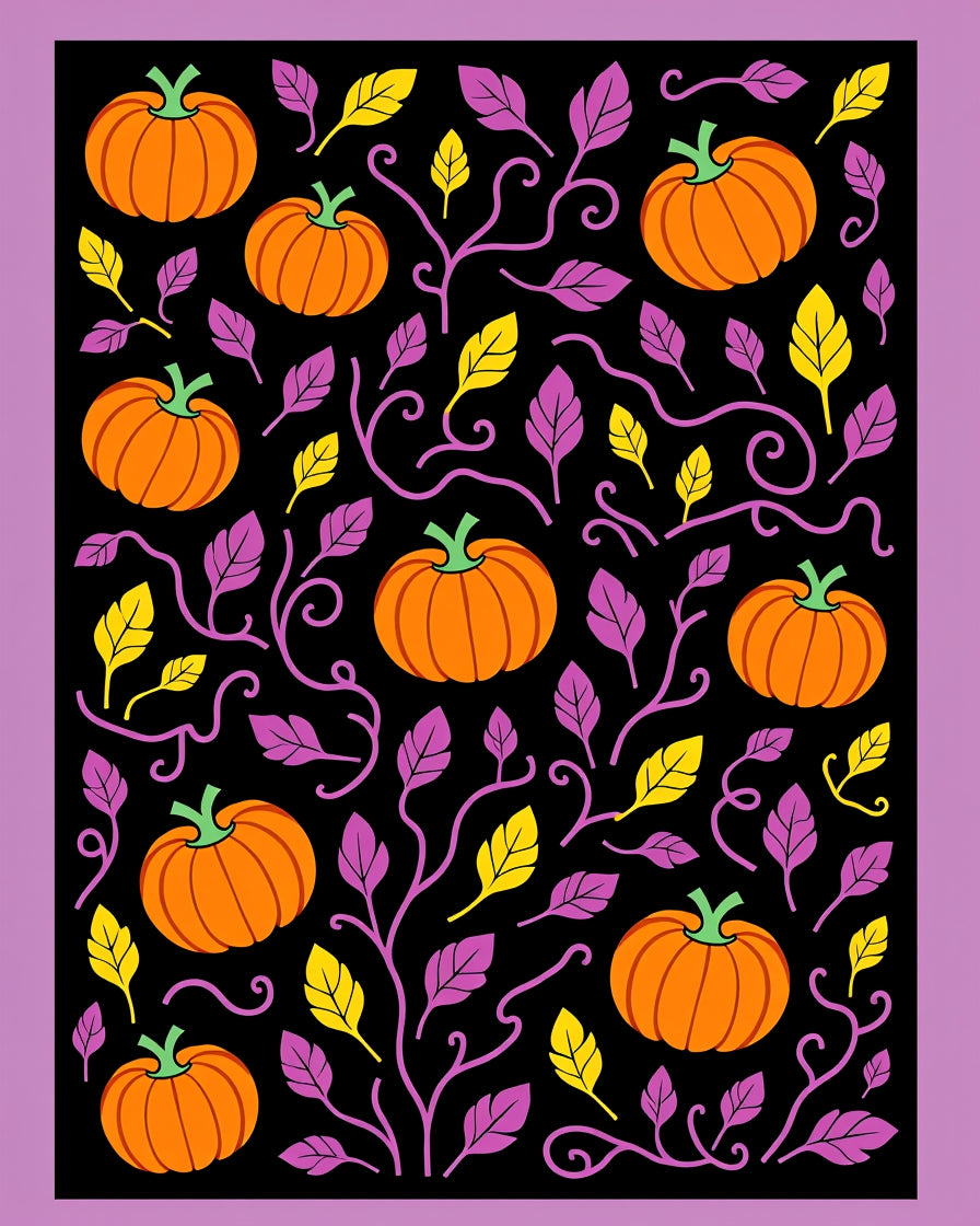 Orange Pumpkin Vine Purple Yellow Black Rug